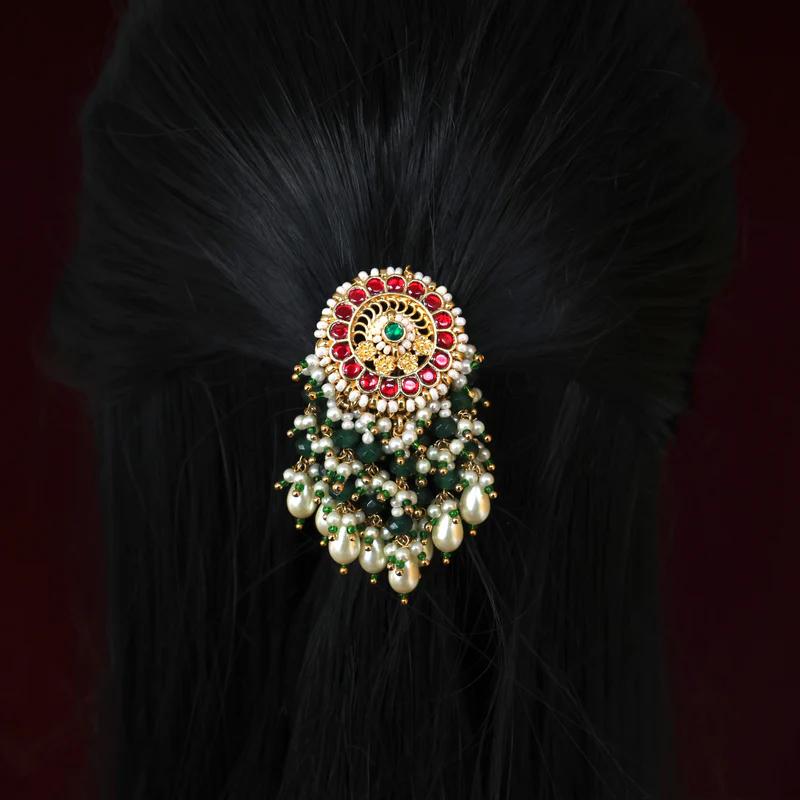 Premium Pachi Kundan Flower Chakra Sparkle Pearl Drops Bridal Choti